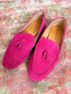 Fuchsia pink suede loafers